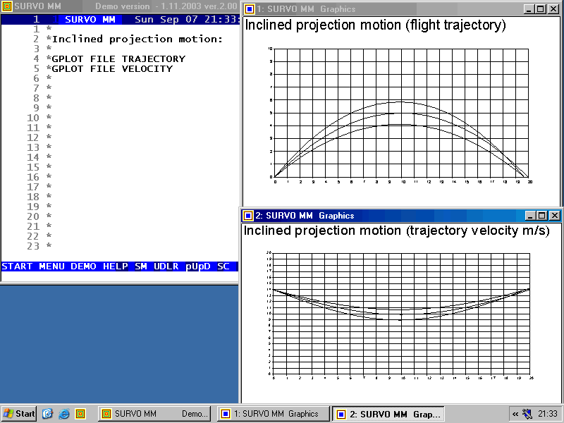 Graph: Inclined projection motion: flight trajectory and trajectory velocity)